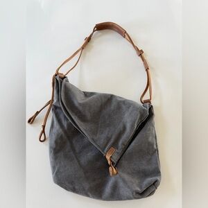 Gray Canvas Shoulder Bag with Brown Leather Strap